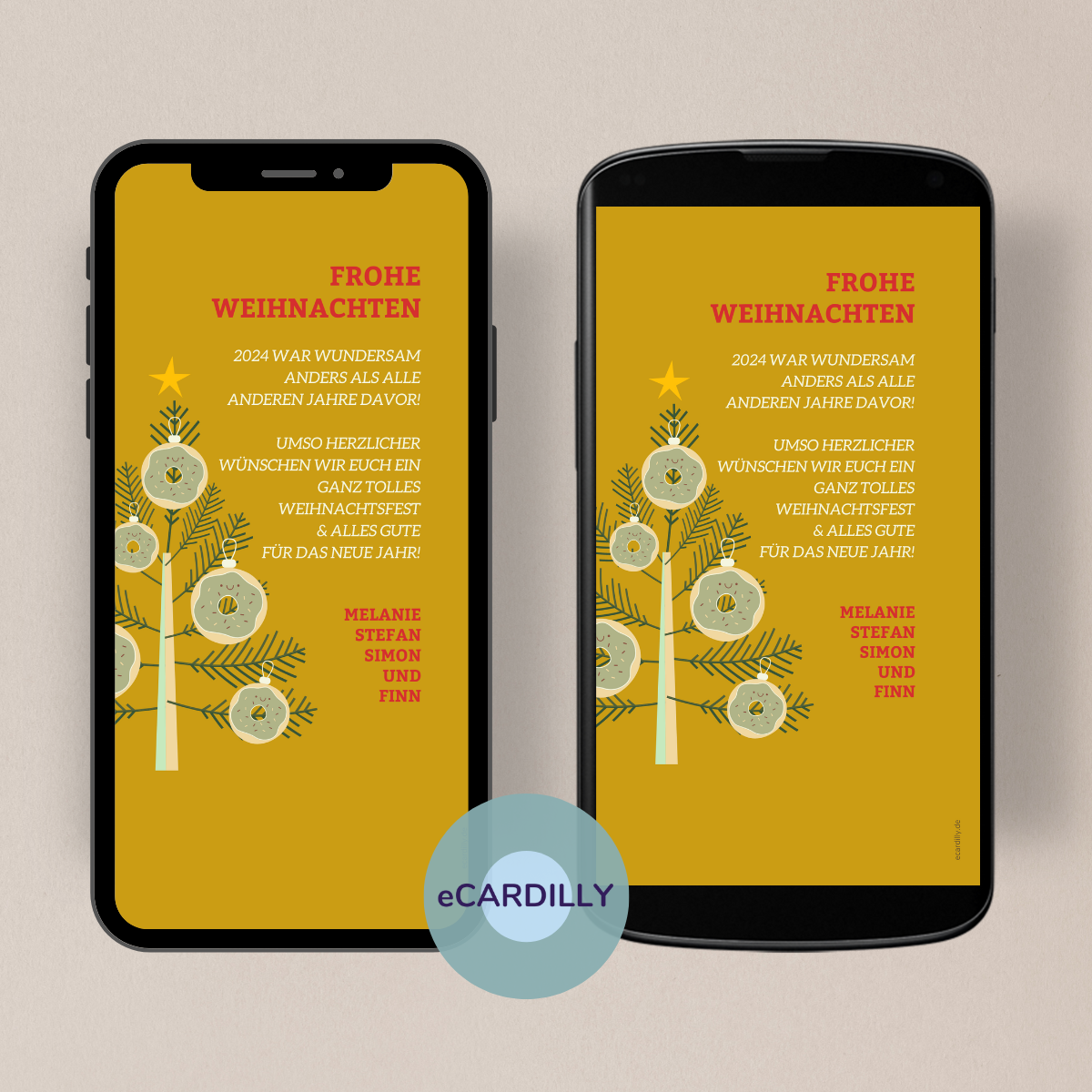 WhatsApp Weihnachtskarte in senfgelb mit einer weißen und roten Schrift. Tannenbaum mit Weihnachtskugeln in Donutform.