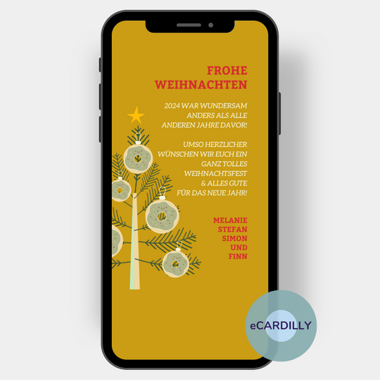 Eine Weihnachts-eCard in der Trendfarbe senfgelb. Auf der linken Seite der Karte ist ein Tannenbaum mit einem weißen Stamm und ein paar symbolischen Zweigen dargestellt, an den Zweigen hängen Weihnachtskugeln.
