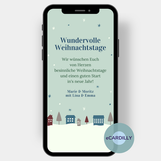 Auf dieser Weihnachtskarte ist eine kleine Winterstadt im Schnee in grau, blau und brauntönen abgebildet. Darüber ein Sternen-Schnee-Himmel, der als Hintergrund für Deine Weihnachtsgrüße dient.