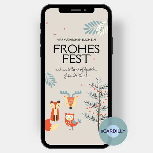 Frohes Fest: Wiehnachtsgrüße auf zartbraunem Hintergrund mit Fuchs, Eule und Rentier neben einem Tannenbaum