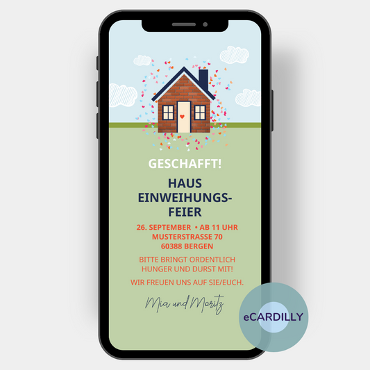 Einladungskarte zum Richtfest und Einweihungsfeier. Karte in grün mit kleinem Haus aus Backstein und kleinen Herzen.