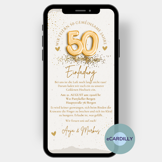 eCard mit goldener 50 aus Folienballons moderenes Design um digital oder als whatsapp vorlage einzuladen