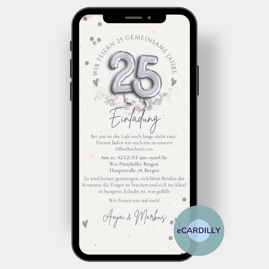 Tolle Einladungskarte oder eCard mit silbernen Luftballons mit der Zahl 25. Konfetti und Kraftpapier runden die Optik ab. Schlichte Einladung um schnell und einfach und papierlos einzuladen.