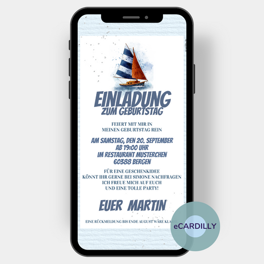 Maritime Vorlage Whatsapp Einladung mit Segelboot in blau weiss rot