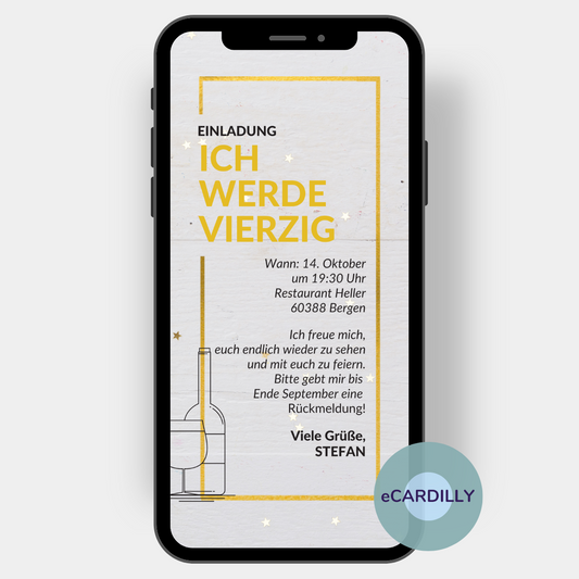 Einladungskarte zum Geburtstag als eCard versenden, in gold und Hintergrund in Holzoptik. Ich werde vierzig und lade zum Geburtstag ein.