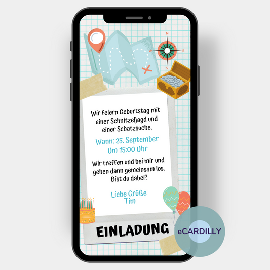 Digitale Einladungskarte als eCard mit der du ganz einfach zum Kindergeburtstag einladen kannst. Diese Karte mit Schatzinsel, Schatzkiste, Wegweiser, Kompass, Luftballons und Torte lädt herzlich zum Kindergeburtstag ein.