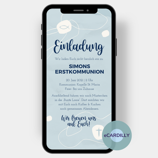 Einladungskarte die du digital als eCard mit deinem Smartphone versenden kannst. Die Karte ist wunderschön wasserblau mit Fischmotiven versehen und kann individuell angepasst werden.