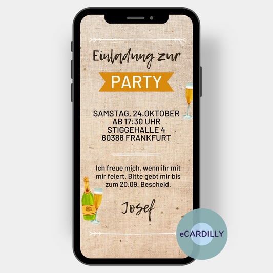 Einladung mit einem Hintergrund aus Leinen und Sektgläsern laden zur Party ein