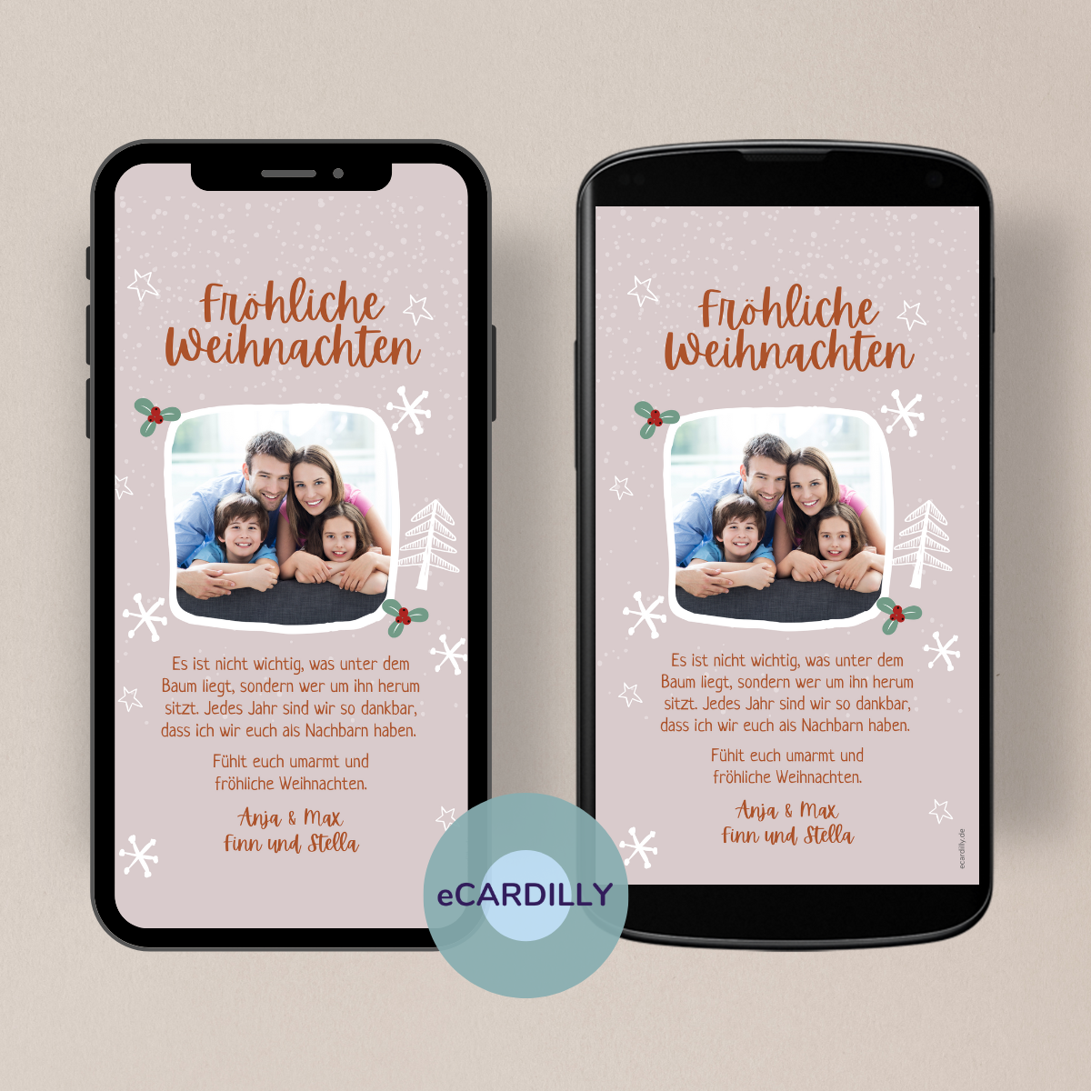 eCard mit weihnachtlichen Motiven und Foto für eine papierlose Weihnachtskarte