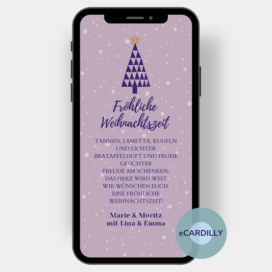 Auf dieser Weihnachtskarte ist ein roter Tannenbaum aus vielen kleinen Dreiecken abgebildet, auf dem zartlila Hintergrund schneien weiße Schneeflocken über Deine Weihnachtsgrüße. Darunter stehen alle Namen Deiner Familie - diese Karte kannst Du zu Weihnachten digital verschicken.