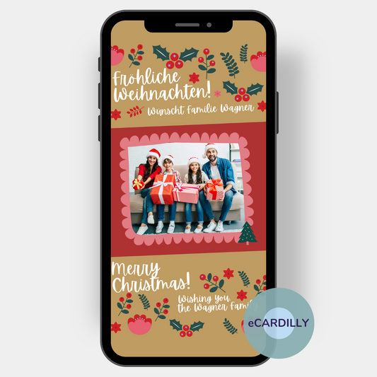 Auf dieser digitalen Weihnachts-Grußkarte ist zentral ein Lieblingsfoto eingesetzt, das mit den Zacken einer Briefmarke gerahmt ist. Viele Weihnachtssymbole und ein persönlicher Grußtext runden das Design dieser Weihnachtskarte ab