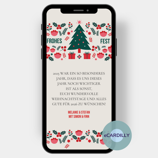 Klassische Weihnachts-Symbole wie ein Tannenbaum, Ilex-Zweige mit roten Früchten, Geschenke und Sterne sind die Motive dieser eCard, mit der Du Weihnachtsgrüße persönlich und digital verschicken kannst