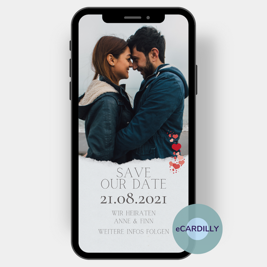 Tolle Save-our-Date Karte die du als digitale eCard ganz einfach und schnell mit deinem Smartphone versenden kannst.