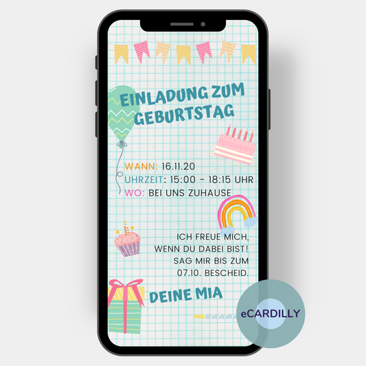 Eine Einladung zum Kindergeburtstag: Auf einem Hintergrund, der aussieht wie ein kariertes Schulheft, sind unter einer Wimpelkette ein Luftballon, eine Torte, ein Muffin, eine Regenbogen und ein Geschenk rund um den Text der Einladung drapiert