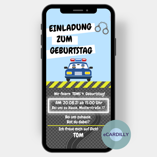 Einladungskarte für Polizei-Kindergeburtstag: Als zentrales Motiv fährt ein Streifenwagen mit Polizist*innen über dem Einladungstext.