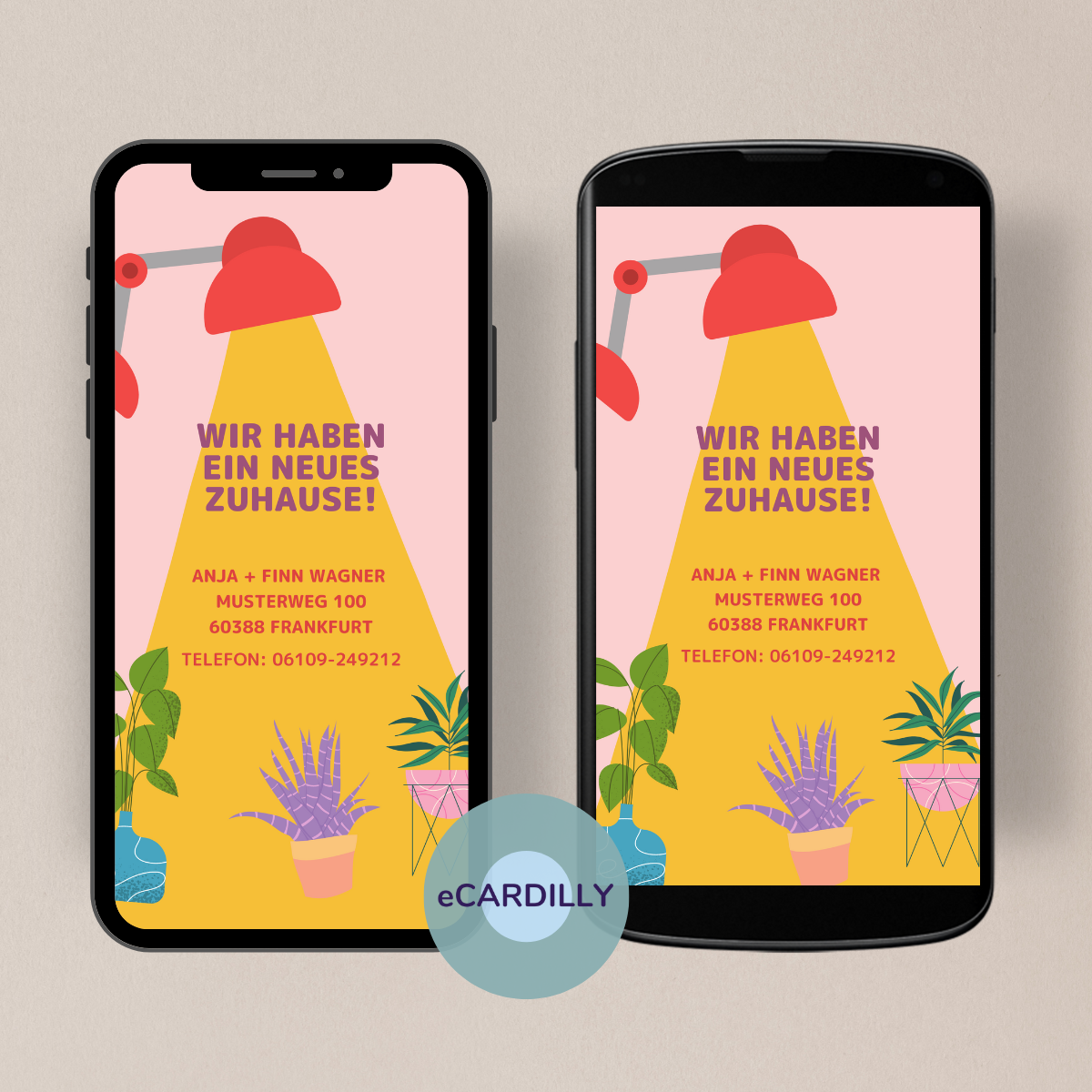 Mit dieser Karte mit rosa Hintergrund und einer Schreibtischleuchte die die neue Adresse beleuchtet kannst du alle per whatsapp über das neue Zuhause informieren.