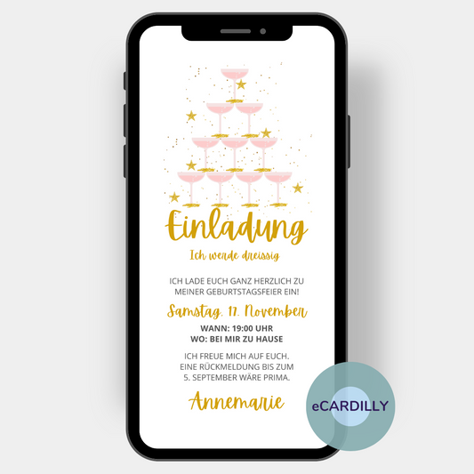 Digitale Vorlage whatsapp mit sektschalen als pyramide in weiss, rose, glitzer, glanz.