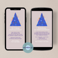 Digitale Weihnachtskarte mit modernem Tannenbaum in blau mit weihnachtlichen Motiven auf rosa Hintergrund.