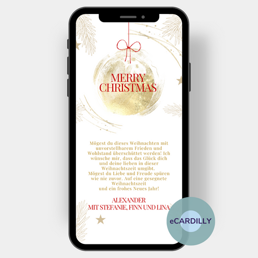 Tolle Weihnachtskarte in gold und rot mit Weihnachtskugel