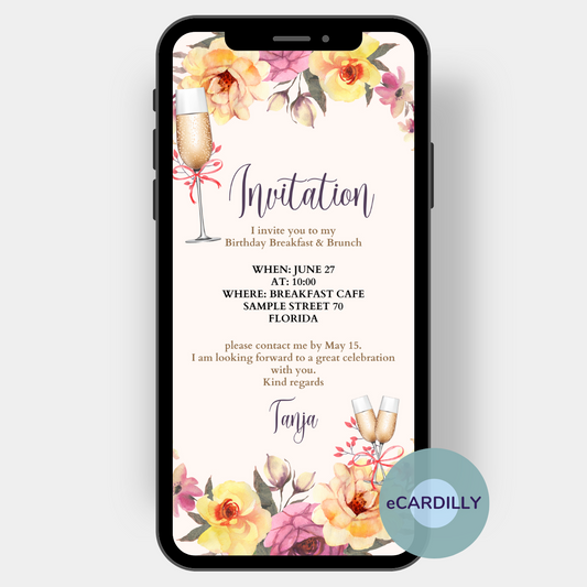 Invite personally with a digital invitation to breakfast or brundch: Invitation card with flowers and champagne glasses for a meeting with friends.