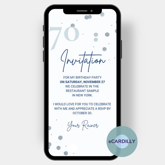 Round 70th birthday invitation with blue confetti dots and large numbers. Paperless - shipping simple and digital by cell phone