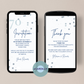 Digital invitation greeting card or thank you note in blue tones and confetti dots.