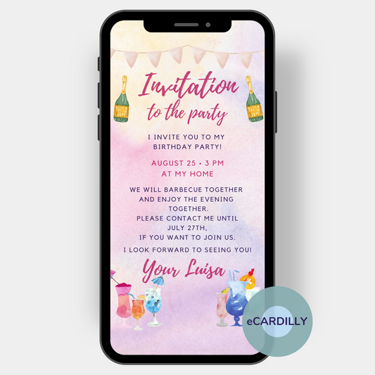 Invitation to your cocktail party - ecard for your birthday - quick and easy to send - great ecard with cocktails and a garland 