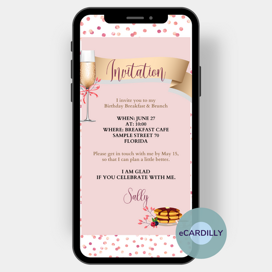 Breakfast brunch invitation as eCard in rose gold with confetti and champagne glasses, pancake and gold writing.