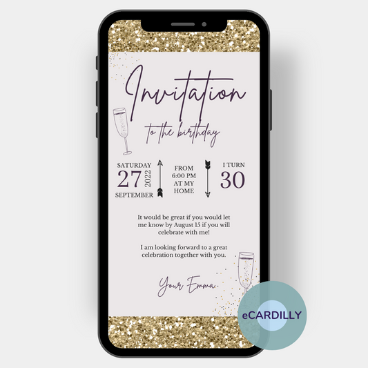 Invitation card in gold and purple to invite with glitter and confetti to the birthday. An eCard you simply send with your smartphone as a digital invitation card.