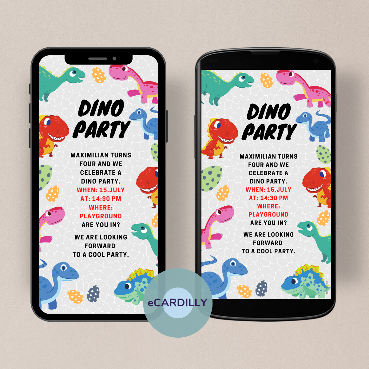 Paperless invitation card - eCard - Dino Party - kids birthday - colorful dinos 