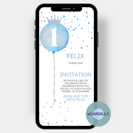 Great baby card for birthday with a blue balloon and small dots in blue. Whatsapp birthday template