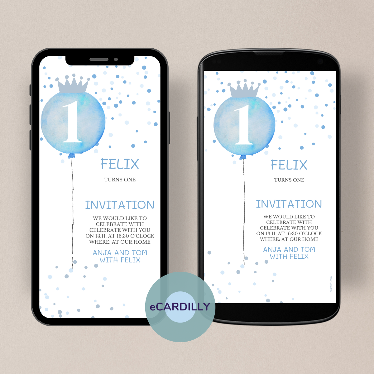whatsapp template as invitation card or digital invitation with small blue balloon and many blue dots.