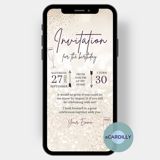 Birthday invitation card with glitter and shine. With this digital invitation card you can invite paperless to the birthday party.