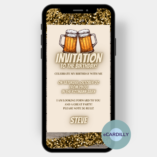 Rustic invitation for a birthday: In the background a wooden table with a little glitter, dadrauf a bright window with two steins , which symbolically toast with each other. Below the large lettering "Invitation" and the personal invitation text