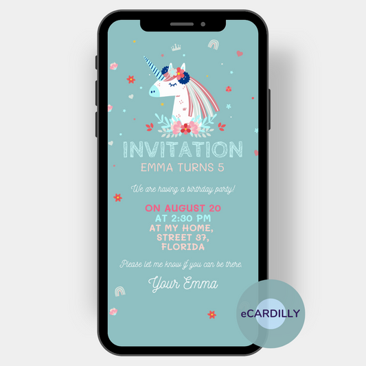 Invitation card for a child's birthday with a wonderful unicorn on a light petrol background. Around the unicorn and the personal invitation text are small flowers and delicate rainbows, hearts and crowns.