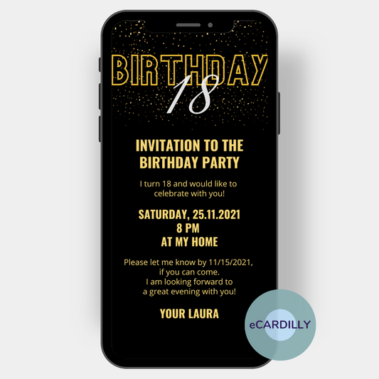 Invitation card with confetti and shine in black gold. So 18th birthday can be celebrated and all guests will be happy about such a beautiful paperless invitation card.