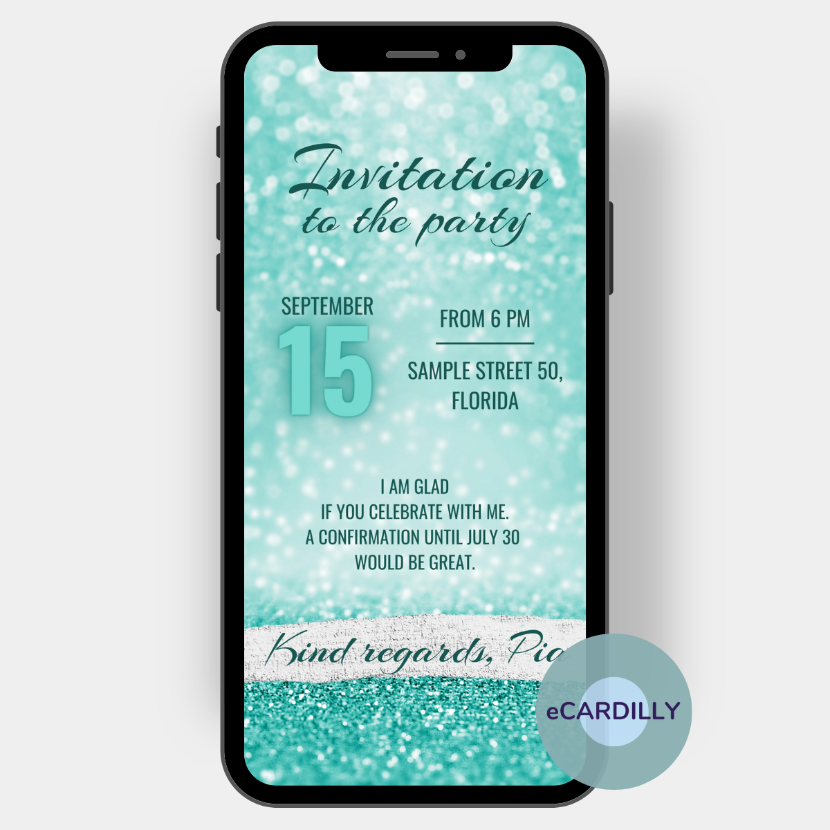 Invitation card with sequins and shine in mint or turquoise. Send eCard as invitation.Invitation card with sequins and shine in mint or turquoise. Send eCard as invitation.