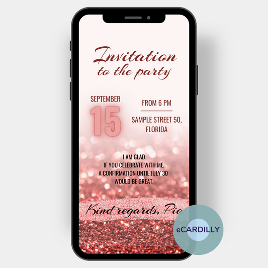 Invitation card with glitter shine sequins in red invite to birthday party. Send invitation card as digital invitation with smartphone.