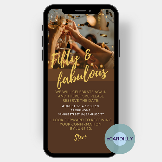 Fiftieth birthday invitation card. Fifty and fabulous with brown background to send as eCard.