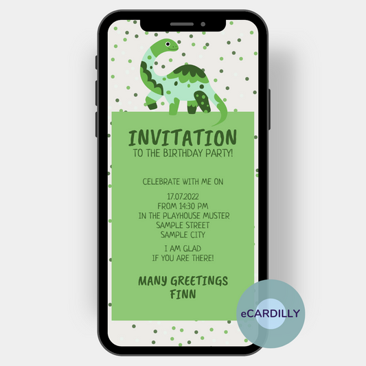 Children birthday invitation card, eCard with dino in green with confetti. Send invitation card with cell phone.