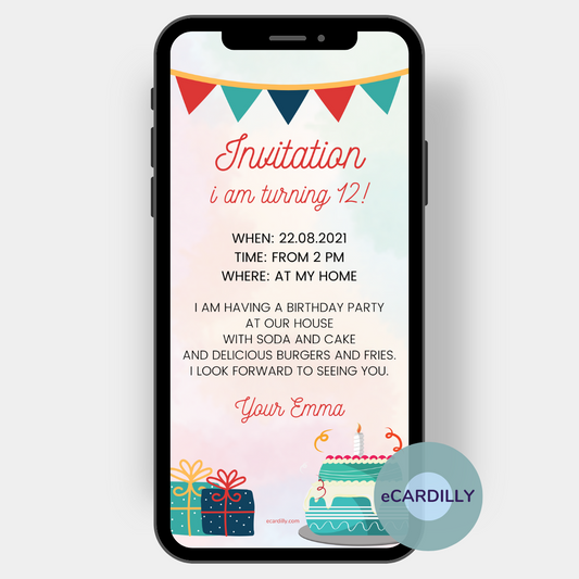 Invitation card for a child's birthday. An invitation card with pennant chain on pink background with a big cake and birthday candle.
