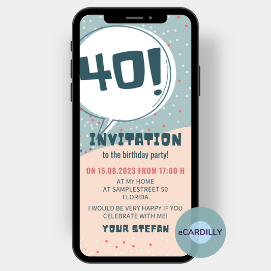 Invitation with number and confetti in turquoise pink