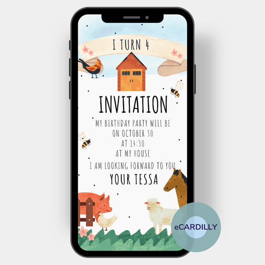 Digital children's birthday invitation card with farm theme with horse, pig, sheep, hen and rooster, little bee and farm.