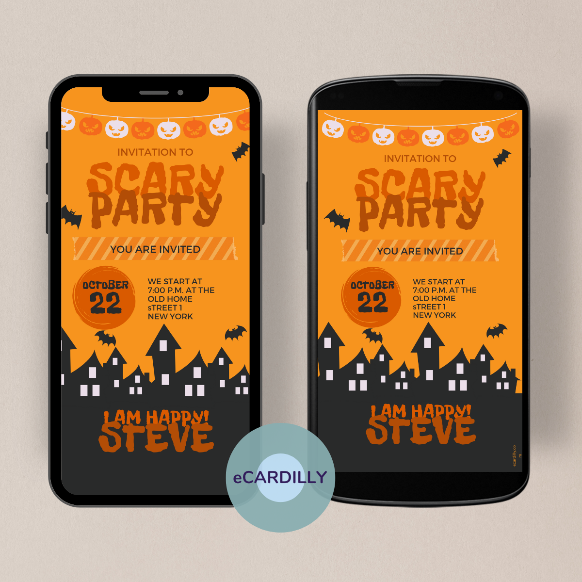 Invitation card in orange black for spooky Halloween party. Spiders, bats, pumpkins and a scary font invite you to the party. Send eCard as WhatsApp template.