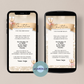 Gold glitter digital birthday invitation card with a red bow and two glasses