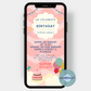 Lots of pastel colors - and even more pink are the colors on this invitation card for a child's birthday. A cake, a birthday garland and a bunch of colorful balloons frame the personalized invitation text on this digital eCard. One invitation card is enough for all guests, send via cell phone