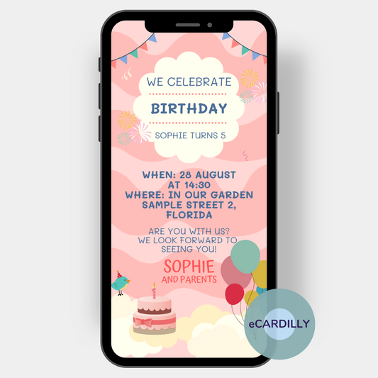 Lots of pastel colors - and even more pink are the colors on this invitation card for a child's birthday. A cake, a birthday garland and a bunch of colorful balloons frame the personalized invitation text on this digital eCard. One invitation card is enough for all guests, send via cell phone