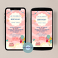 Invitation card for children's birthday. Pink over pink and pastel. Balloons and garlands decorate the card. A cake with a bow. Clouds floating. Garlands. Girl's dream