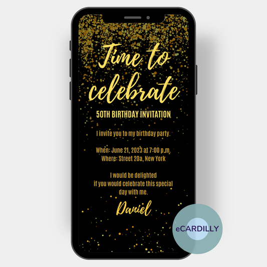 Digital invitation card as eCard with black background and confetti dots in gold!