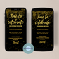Beautiful invitation card in black color with gold glitter and gold writing.